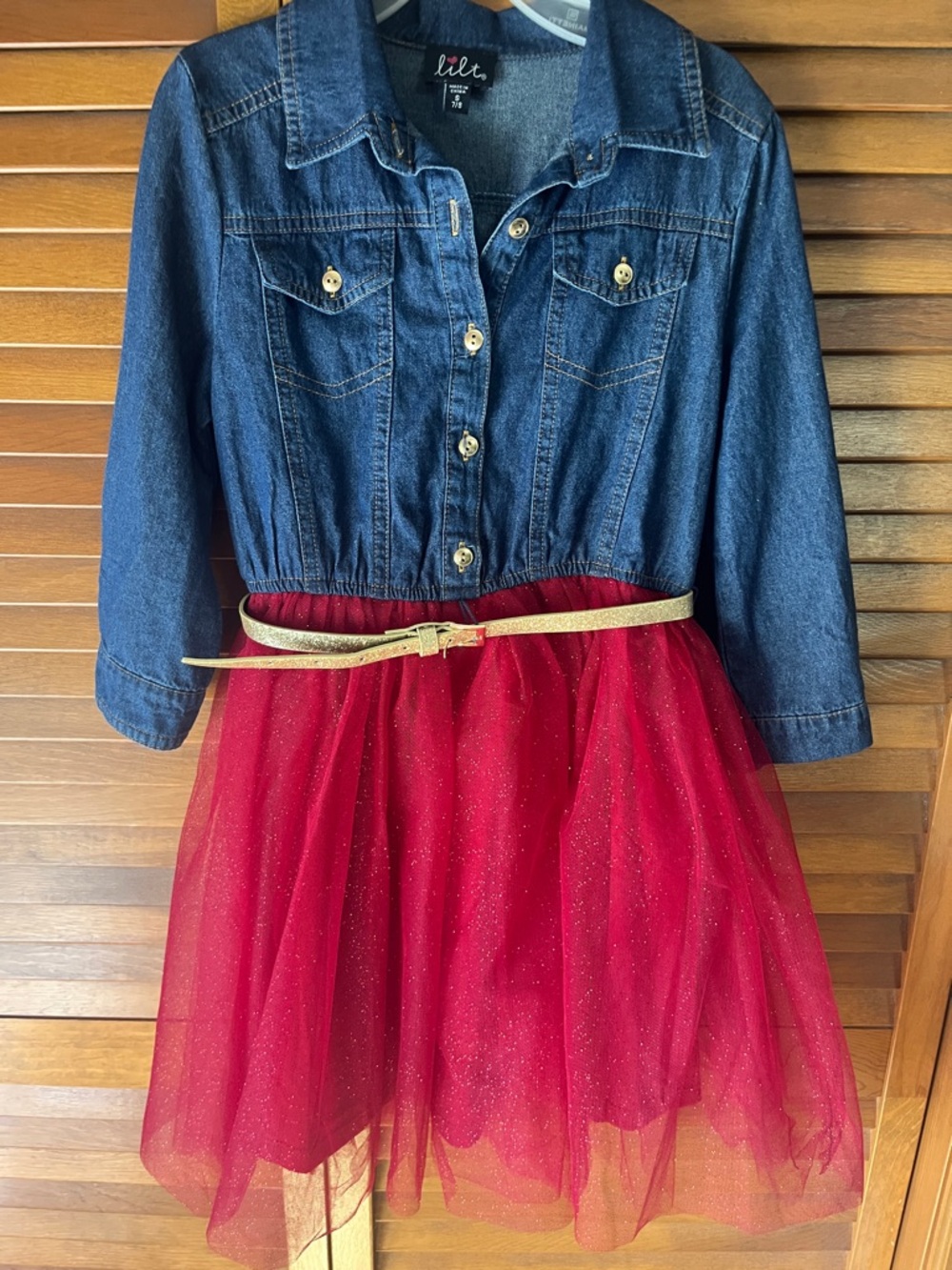 lilt Denim Jacket Dress with Red Tulle and Gold Belt Size 7/8